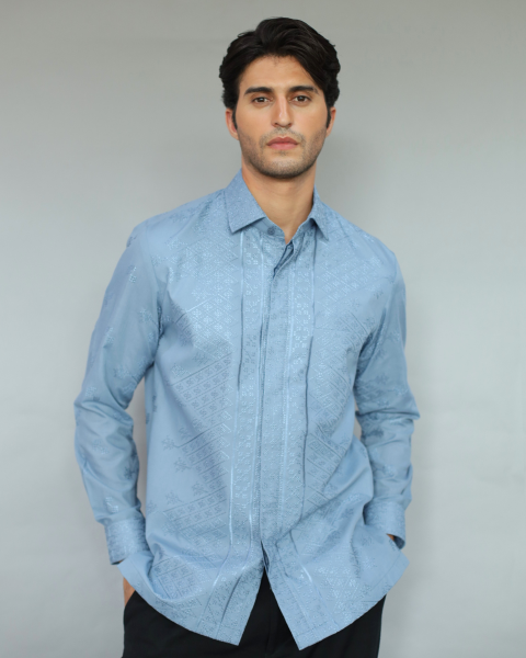 Men Embroidery Shirt Blue