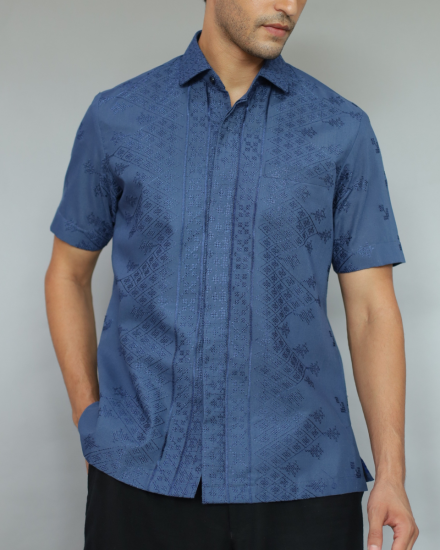 Men Embroidery Short Sleeve Navy Blue